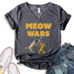 meow wars t shirt v neck for women heather dark grey
