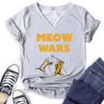 meow wars t shirt v neck for women heather light grey