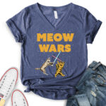 meow wars t shirt v neck for women heather navy