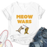 meow wars t shirt v neck for women white