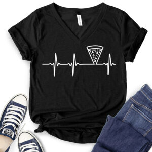 Pizza Grafıc Heartbeat T-Shirt V-Neck for Women 2