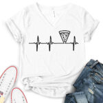 pizza grafic heartbeat t shirt v neck for women white