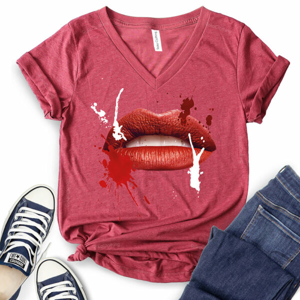 red lips t shirt v neck for women heather cardianal