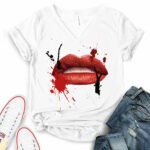 red lips t shirt v neck for women white