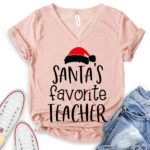 santas favorite teacher t shirt v neck for women heather peach