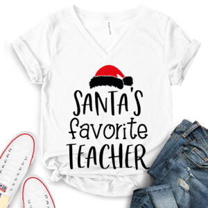 Santa’s Favorite Teacher T-Shirt V-Neck for Women