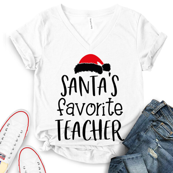 santas favorite teacher t shirt v neck for women white
