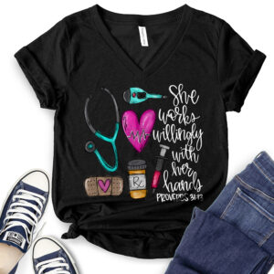 She Works Willingly with Her Hands Proverbs 31:13 T-Shirt V-Neck for Women 2