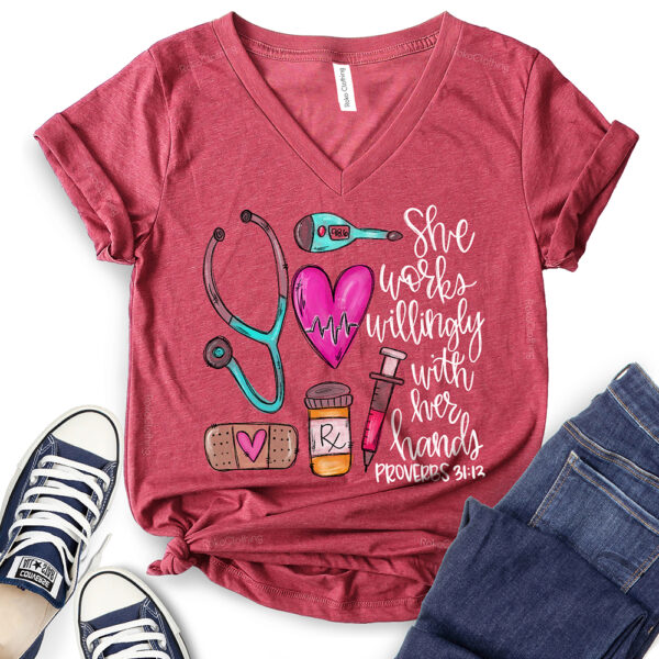 she works willingly with her hands proverbs 3113 t shirt v neck for women heather cardinal