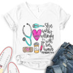 she works willingly with her hands proverbs 3113 t shirt v neck for women white