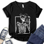skeleton drink coffee t shirt v neck for women black