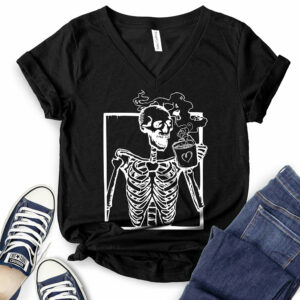 Skeleton Drink Coffee T-Shirt V-Neck for Women 2