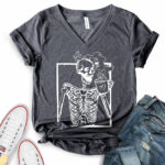 skeleton drink coffee t shirt v neck for women heather dark grey