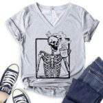 skeleton drink coffee t shirt v neck for women heather light grey