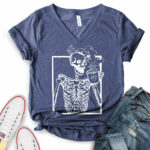 skeleton drink coffee t shirt v neck for women heather navy