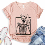 skeleton drink coffee t shirt v neck for women heather peach