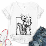 skeleton drink coffee t shirt v neck for women white