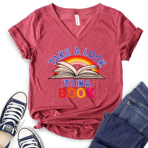 take a look its in a book t shirt v neck for women heather cardinal