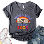 take a look its in a book t shirt v neck for women heather dark grey