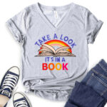 take a look its in a book t shirt v neck for women heather light grey