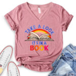 take a look its in a book t shirt v neck for women heather mauve