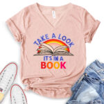 take a look its in a book t shirt v neck for women heather peach