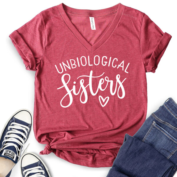 unbiological sisters t shirt v neck for women heather cardinal