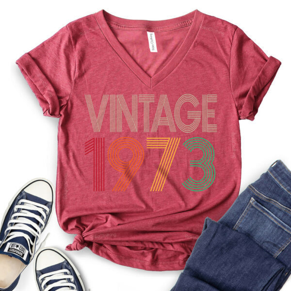 Vintage 1973 T-Shirt V-Neck for Women - 50th Birthday Gift Idea - heather cardinal