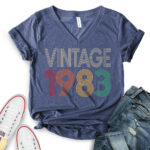Vintage 1983 t-shirt v neck for women heather navy