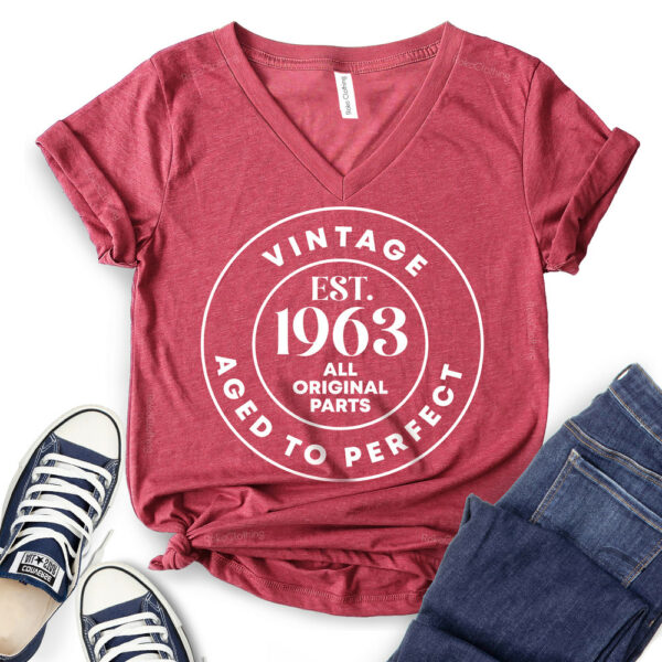 Vintage Est 1963 T-Shirt V-Neck for Women - 60th Birthday Shirt - heather cardinal