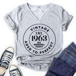 vintage est 1963 t shirt v neck for women heather light grey