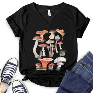 Vintage Mushrooms Illustration T-Shirt V-Neck for Women 2