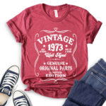 Vintage well aged 1973 t-shirt for women heather cardinal