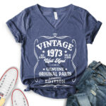Vintage well aged 1973 t-shirt v neck for women heather navy