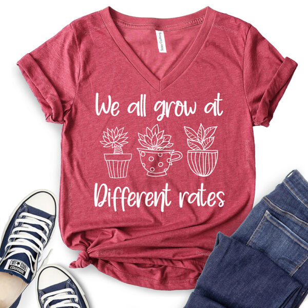 we all grow at different rates t shirt v neck for women heather cardinal