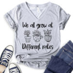 we all grow at different rates t shirt v neck for women heather light grey